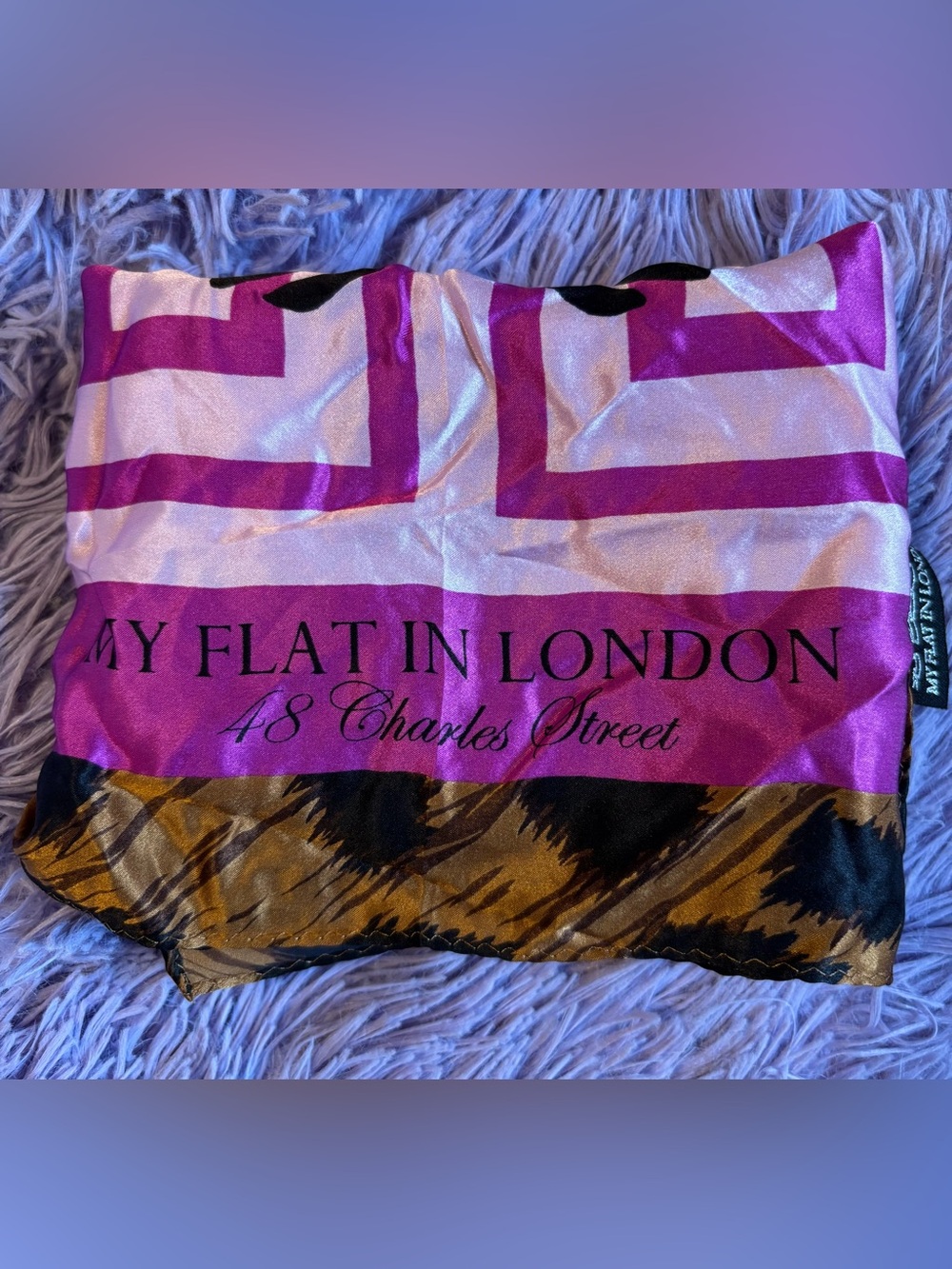My Flat in London Silk Scarf in Fuchsia, Gold, Black